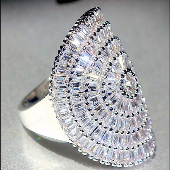 Sterling Silver Baguette Zircon Ring Statement Pave - Picture 7 of 13